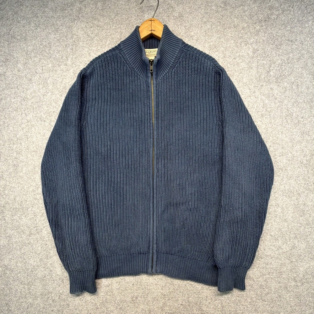 L.L.Bean Full Zip Cotton Sweater Jacket Mens Medium Navy Chunky Knit 0 FHT4